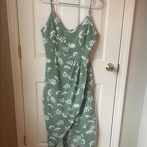 Sage Green Floral Wrap Midi Dress with Spaghetti Straps